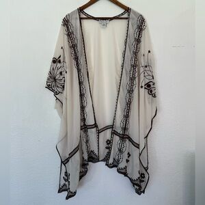 Rachel Zoe White Sheer Kimono with brown Embroidery